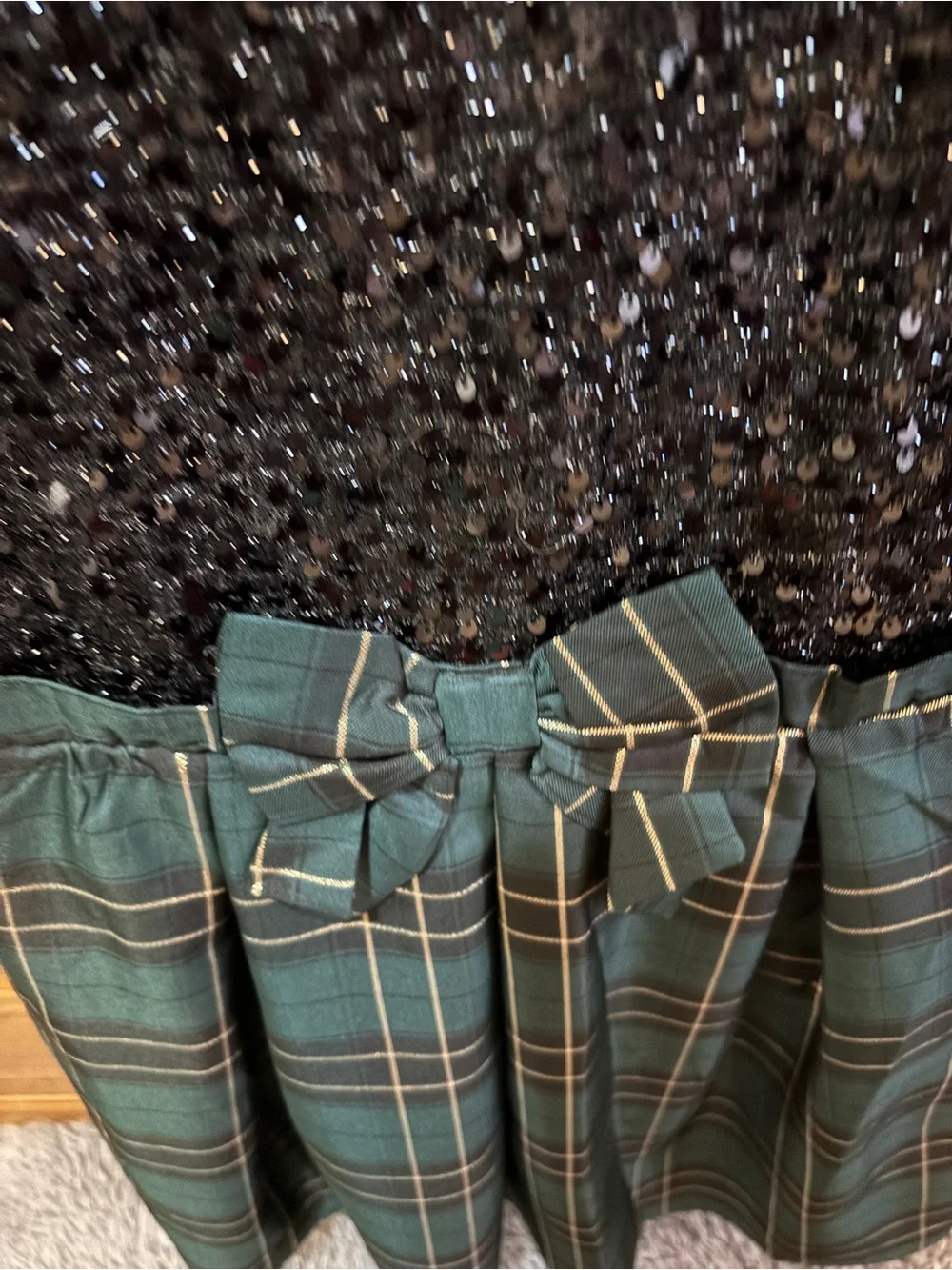 Place Black Sequin Top with Green Plaid Bow Skirt Girls' Dress